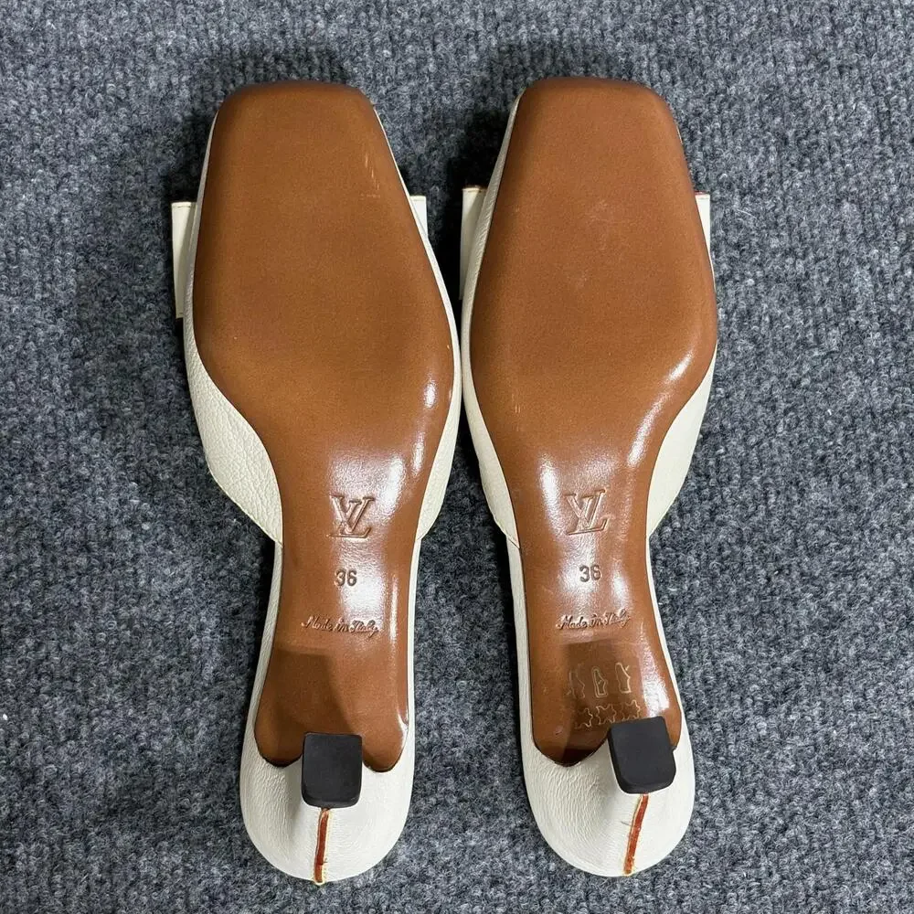 Louis Vuitton Shoes Womens 6 White Suhali Leather Flower Buckle Mule Kitten Heel